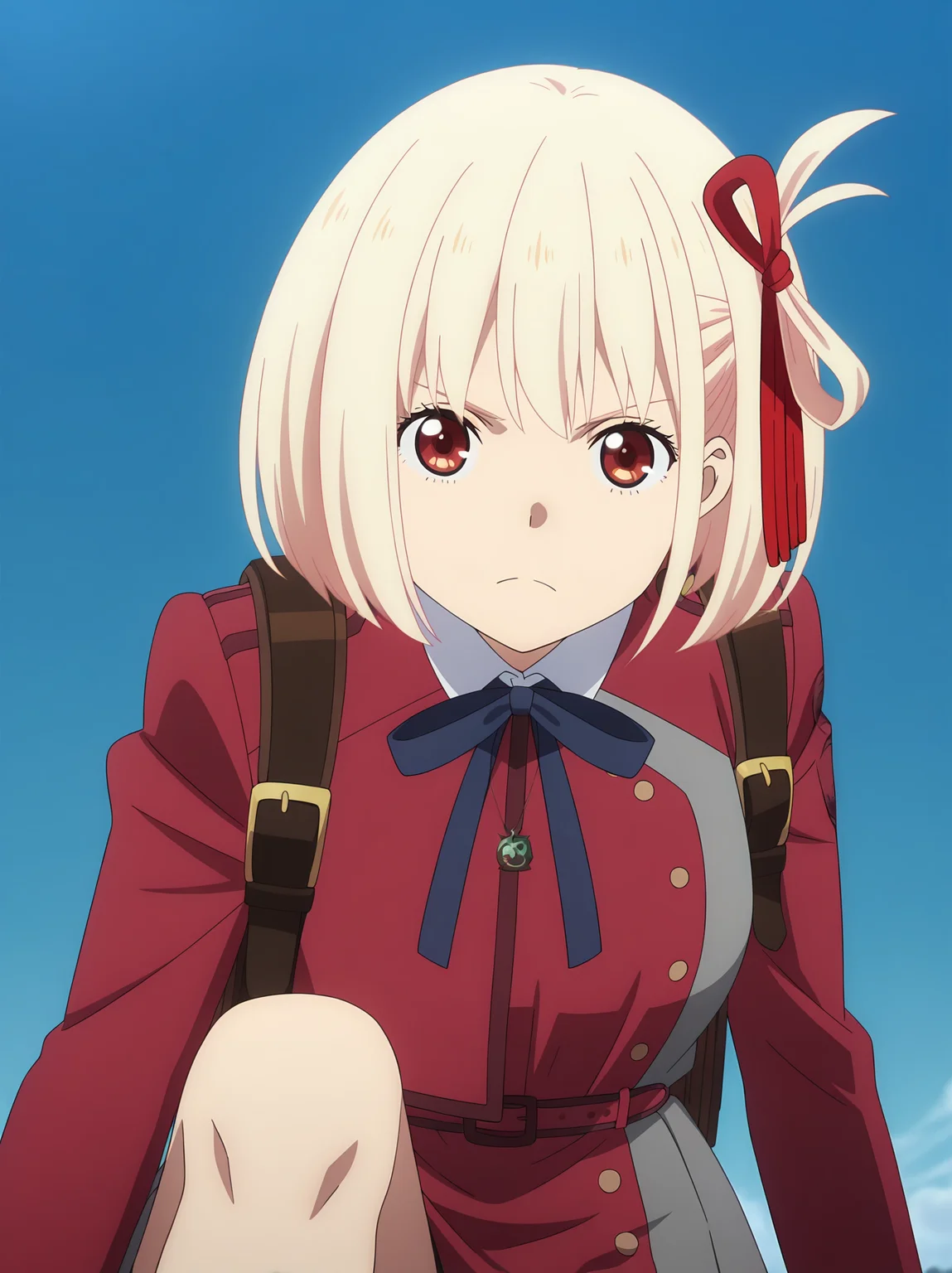 <lora:Chisato_Nishikigi:0.8>,nishikigi_chisato, 1girl, solo, blonde short hair, red eyes, red lycoris uniform, blue neck ribbon, logo on shoulder, red hair ribbon, white collared shirt, grey skirt, backpack, necklace, serious, frown, crouching, knee up, upper body, looking at viewer, closed mouth, outdoors, sky, simple background
