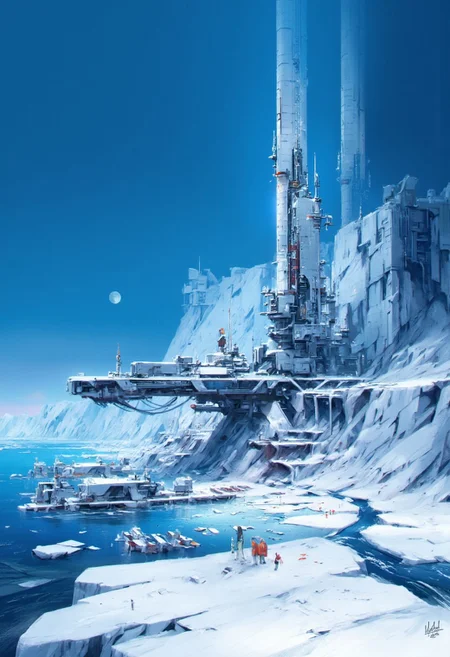 in the style of ck-sfc, Inkpunk Anime, blue and white theme, icy snow-covered landscape, Artemis Station at the edge of an icy ocean with icebergs, its sleek towers a stark contrast to the snow surrounding it, with a harbour featuring research ships moored. The planet’s sun casts a vivid, surreal light across the station, while deep fissures filled with glaciers mark a stark background. The sky is a dark blue, with a moon hanging low in the horizon