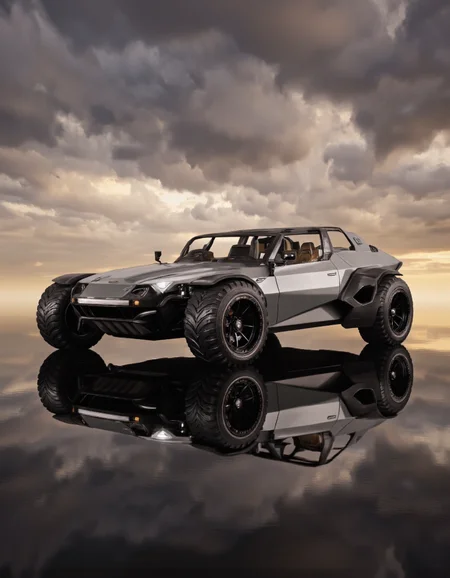 QuantumZ. A futuristic, off-road vehicle with a sleek, angular design, featuring a combination of grey and black colors. the vehicle is positioned in the center of the frame, with its large, black alloy wheels gleaming in the warm, gradient light reflecting off the reflective surface below. The vehicle has a low-slung chassis and a rugged, aerodynamic design, with a single seat in the driver's seat, giving it a sense of power and adventure. the background is a dramatic, stormy sky with dark, ominous clouds, creating a dramatic contrast with the vehicle's sleek, metallic exterior. the overall mood of the image is one of ruggedness and sophistication, making it a captivating sight to behold.