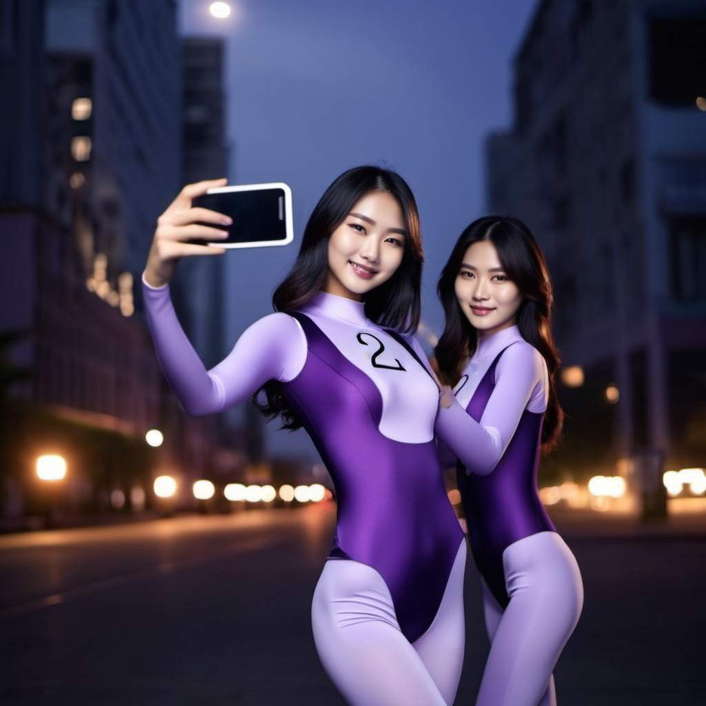 cinematic photo DupliKate1024, (((realistic photo))) of two asian women, bobcut,  taking a selfie with a smartphone, wears a purple bodysuit, (((text ''2''))) in a circle and (((text ''1'''))) in a circle of the chest  <lora:DupliKate1024:0.9> . 35mm photograph, film, bokeh, professional, 4k, highly detailed