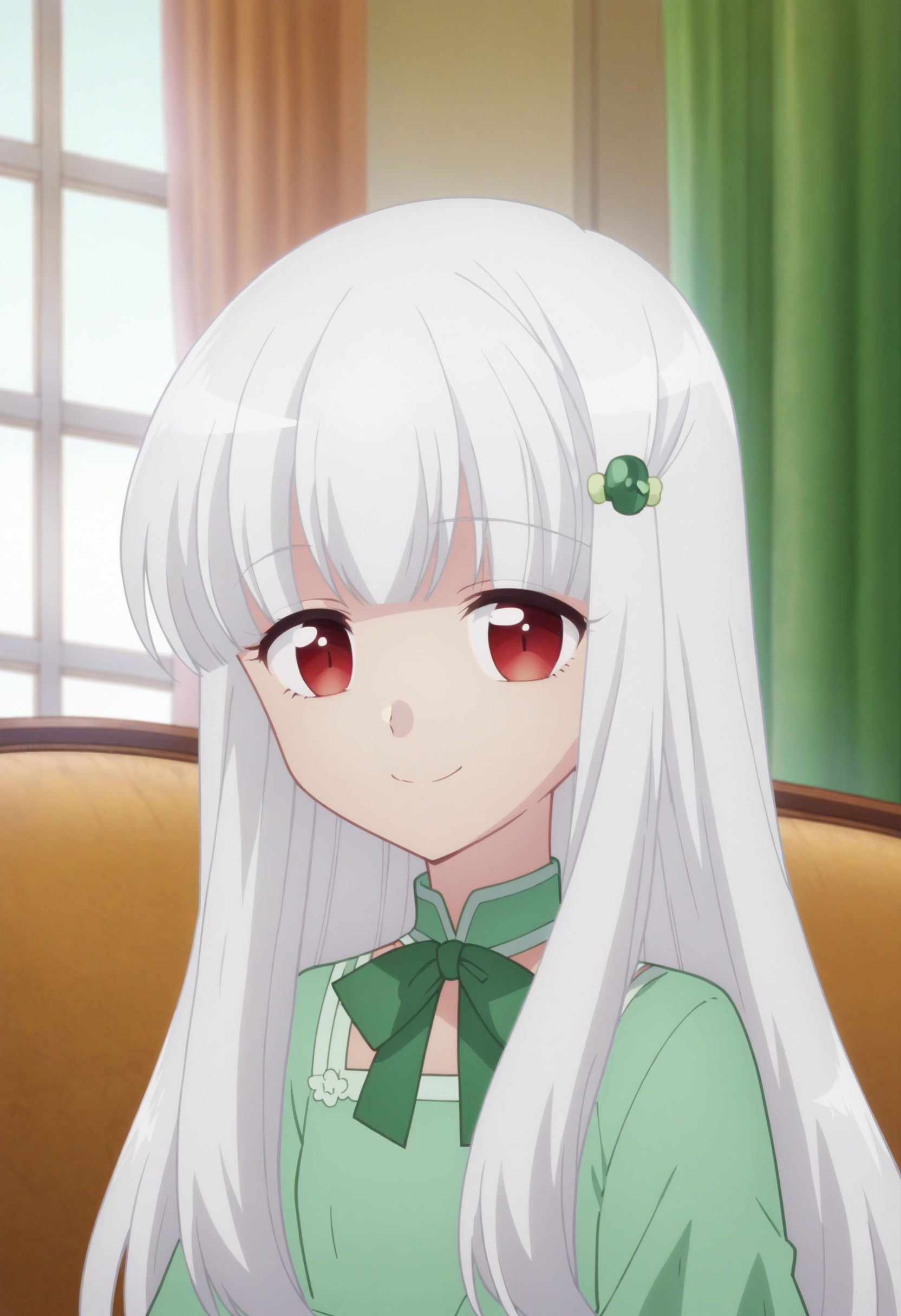 score_9, score_8_up, score_7_up, score_6_up, score_5_up, score_4_up , anime coloring ,BREAK source_anime, anime,screencap,
1girl, solo, sophiea, hairclip, green dress, <lora:PonyXL Sophia Ascart V1:1>
indoors,upper body, 
smile, looking at viewer,