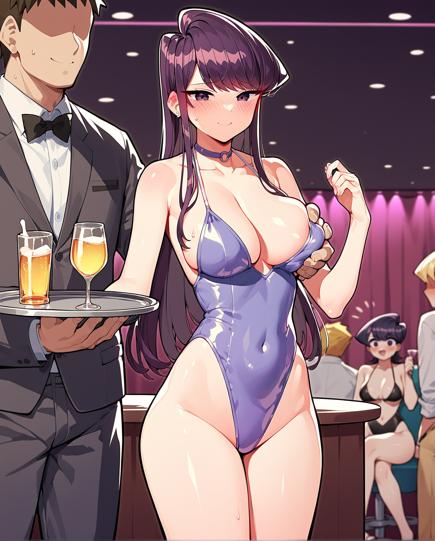 score_9, score_8_up, score_7_up, source_anime, BREAK  3girls, 1boy, Komi Shouko, private club, bikini, leotard, tray, alcohol, blush, embarrassed, smile, grabbing another's breast, faceless male, strip club, <lora:Private_Club:0.7>, rating_questionable