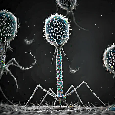 <lora:Phage_XL-000014:1> group of phage, grayscale, monochrome, attacking bacteria, as seen with an electron microscope