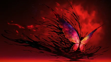 masterpiece, best quality, no humans, abstract, abstract background, colorful, colorful palette, red theme, glowing, single butterfly, (huge butterfly:1.5), red butterfly, red aura, energy, water, nebula, dark theme, horror \(theme\)