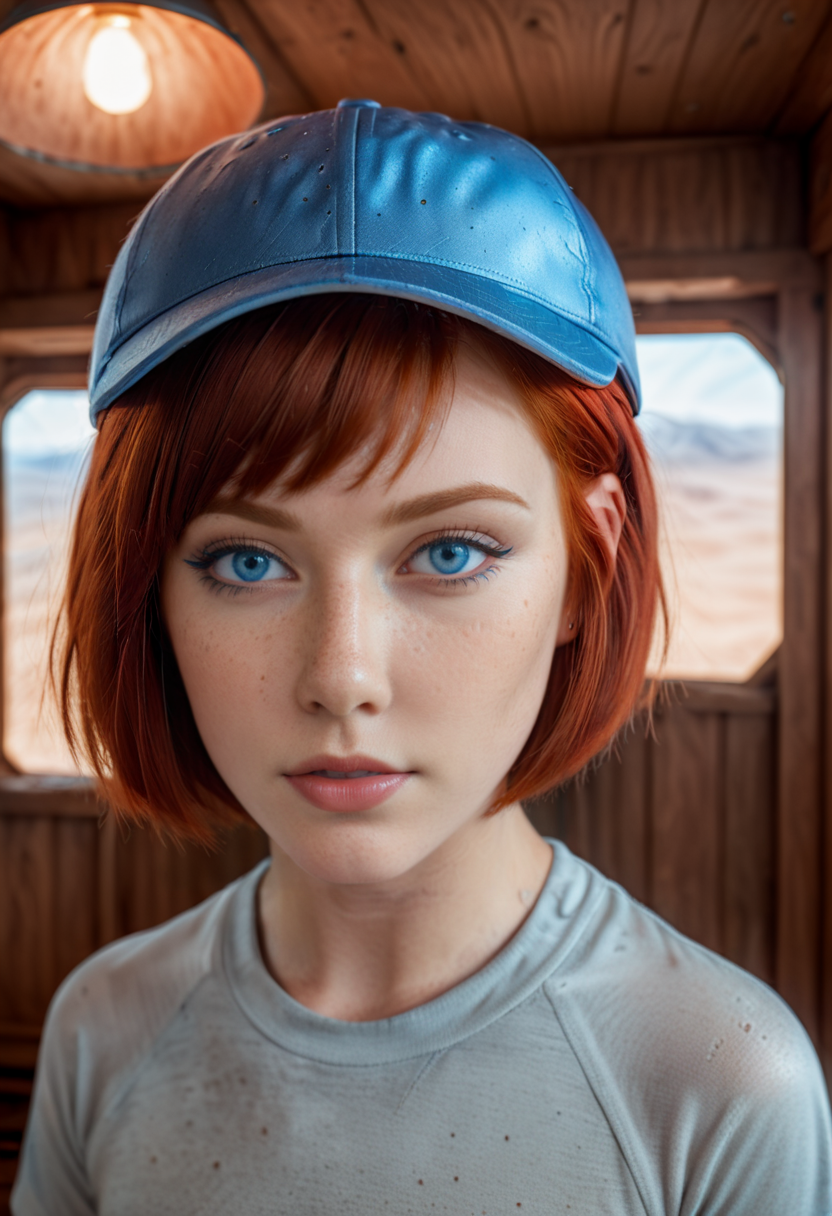 breathtaking portrait, , Cape Top, Kid's Baseball Cap,Lunar Armor, Hands Behind Back, Cabin Interior, redhair in short bob cut, blue eyes, freckles <lora:AlienorXL:1>, Grunge Saturation, Clamshell lighting, POV,, detailed skin texture, (blush:0.5), (goosebumps:0.5), subsurface scattering, dry skin, fuzzy skin, masterpiece, award-winning, professional, highly detailed