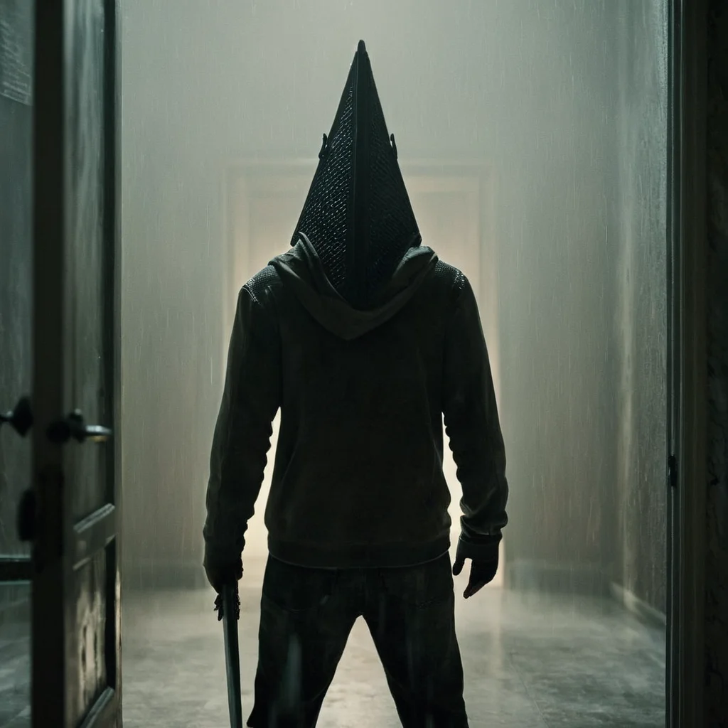 cinematic film still of <lora:perfection style:0.5> <lora:detailed:0.5> perfection detailed
<lora:Sairento Hiru style:0.9>
<lora:Pyramid Head:0.9>
In the mysterious New England town of Silent Hill Pyramid Head a man in a hoodie standing in a doorway,Triangle Head,solo,1boy,male focus,indoors,hood,window,rain,door , cinematic, supernatural, horror style, Sairento Hiru style, shallow depth of field, vignette, highly detailed, high budget, bokeh, cinemascope, moody, epic, gorgeous, film grain, grainy