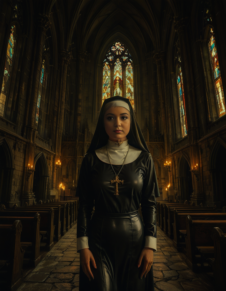 nsfw,focus on a nun,A gothic scene featuring a mysterious woman dressed as a nun in a flowing black latex habit with intricate lace detailing and choker and a red bra, standing solemnly inside of a G0th1c church. The atmosphere is charged with tension as an otherworldly presence seems to loom over the scene, casting eerie red and black shadows on the ancient stone. Other nuns in the background appear uneasy, their movements slow and dreamlike, as if they are being influenced by an unseen dark force. The cathedral's gothic architecture towers above with sharp spires, grotesque gargoyles, and a glowing stained-glass window radiating an unnatural crimson light.<lora:SDXLFaeTastic2400:0.4> <lora:extremely_detailed:0.4> extremely detailed, <lora:G0th1c_church:1>, Masterpiece,best quality,hi res,8k,hi res,8k,award winning,(sharp focus, intricate, highly detailed),