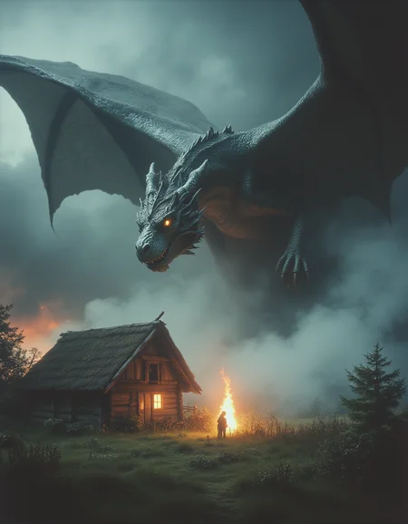 Dark fantasy art of a dragon flying over the farm land, blowing fire at the farmerâs wooden cottage, smoky, cloudy sky, grim atmosphere
<lora:80s_Fantasy_Movie:1> ArsMovieStill, 80s Fantasy Movie Still