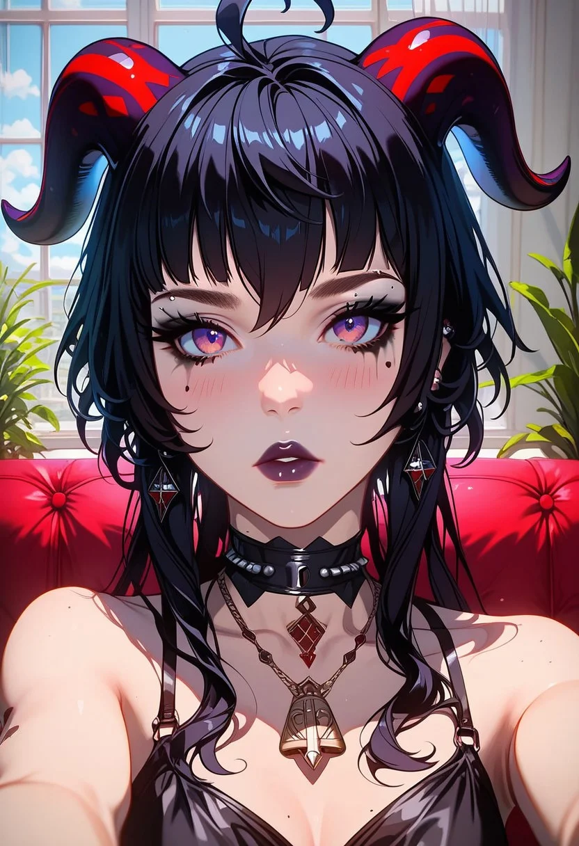 score_9, score_8_up, score_7_up, score_6_up, score_5_up, score_4_up score_9,score_8_up, (anime, masterpiece, intricate:1.3), (best quality, hires textures, high detail:1.2), (4k),(incredibly detailed:1.4), GOthGirlST, Gothic, Goth girl, realistic illustration, partially illuminated, GLSHS, 1girl, ganyu, black hair, long hair, low ponytail, ahoge, horns, earrings, goth makeup, chocker, necklace, sexy goth outfit, embarrassed expression, blushing, cosplay, selfie, camera pov, above view, pale skin, indoors, close up, nsfw, posing, unique angle,