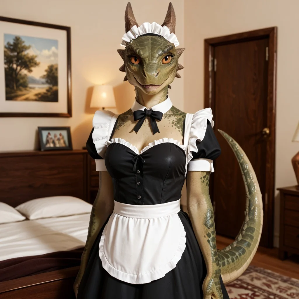 score_9, score_8_up, score_7_up, score_6_up, score_5_up, score_4_up, masterpiece, high quality, realistic, detailed, best quality, solo, rating_safe, source_furry, bedroom, smiling, seductive, looking at viewer, standing, detailed eyes, yellow eyes, liftshertail_tes, argonian, green scales, horns, tail, hands, female, 1girl, anthro, maid, maid outfit, maid headdress, good_hands