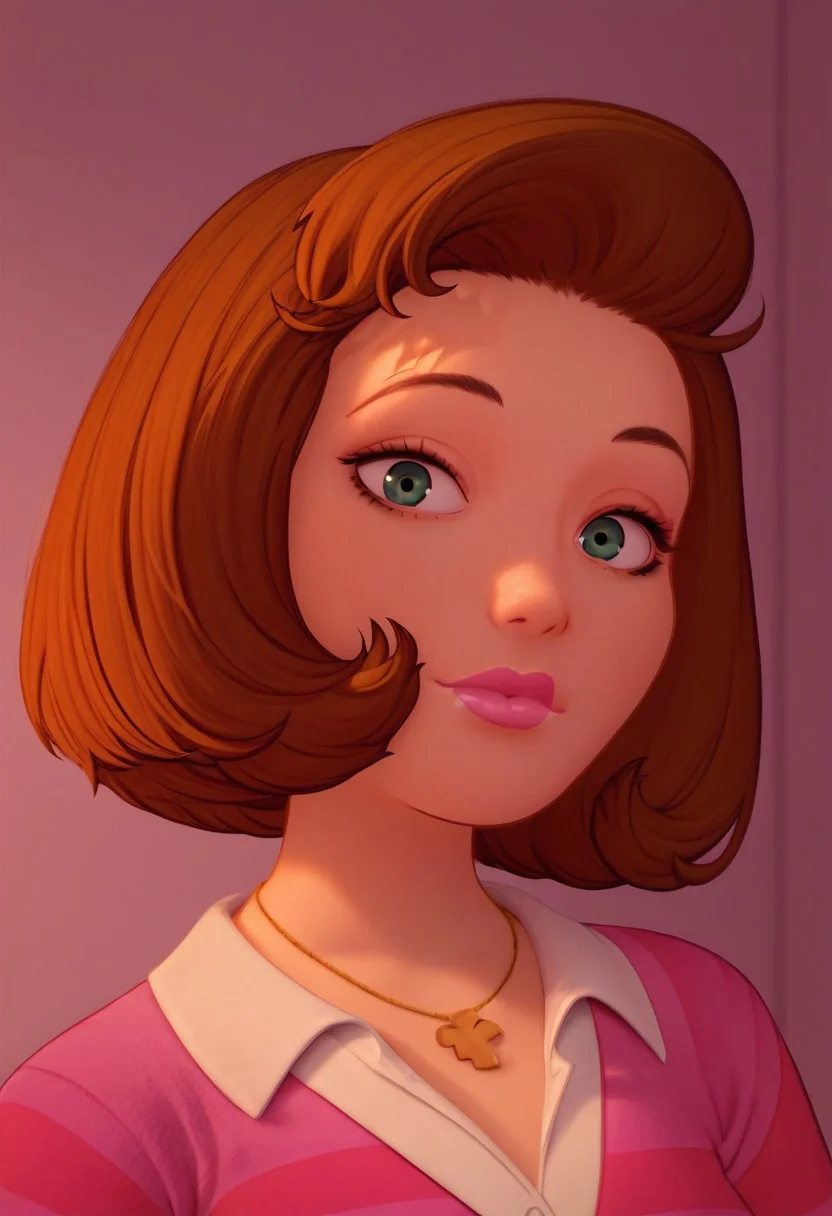 score_9, score_8_up, score_7_up, score_6_up, 1girl, curvy, <lora:1ly4XLP:1> 1ly4, pink background, ((face focus:0.9)), ((upper body focus:0.9)), ((full body:0.9)), Vanessa Bloome, short hair, brown hair, green eyes, pink lips, ((button up pink striped sweater:0.9)), button down long sleeve shirt, necklace, looking at viewer, indoors, <lora:Vanessa:1>, jeans