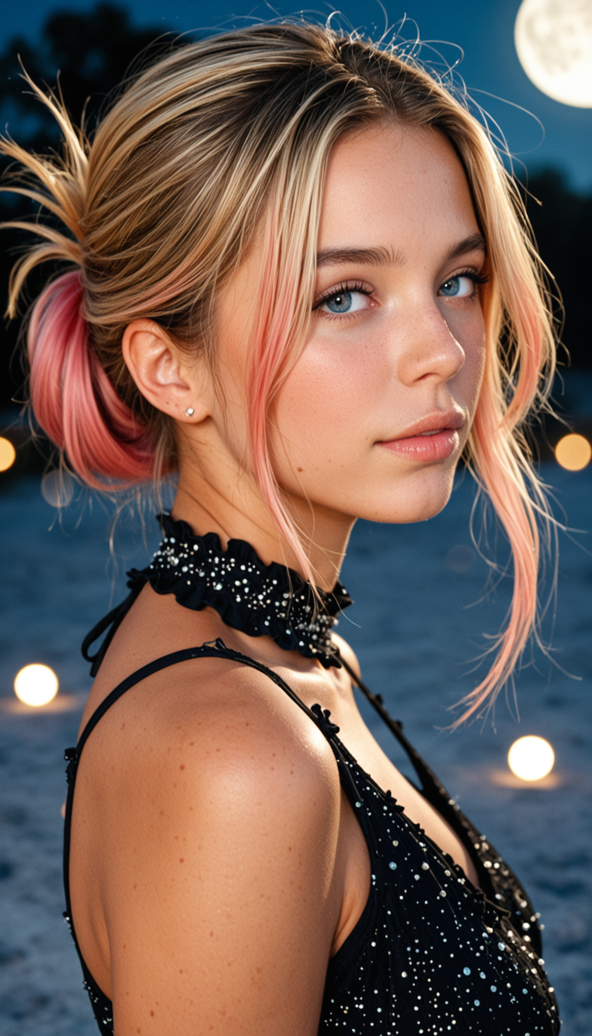 masterpiece, best quality, amazing quality, very aesthetic, high resolution, ultra-detailed, absurdres, scenery, photo, realistic, upper body photo, fashion photography of busty cute girl, gradient hair, blonde hair AND (pink hair:1.2), folded ponytail, gorgeous luxurious fantasy black dress, frilled collar, ultrahigh resolution textures, in dynamic pose, dutch angle, upper body, portrait, close-up, bokeh, star, moon, night, moonlight passing through hair, dutch angle, perfect night, fantasy background, hard light, raw light, BREAK, depth of field, photorealistic details