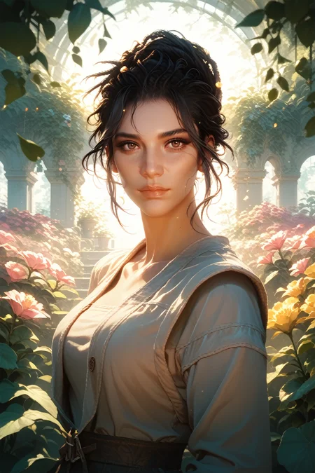 score_9, score_8_up, score_7_up, score_6_up
<lora:CyberPanam:0.9>
CyberPanam, 1girl, black hair, brown eyes, looking at viewer, standing in a sunlit garden, surrounded by blooming flowers, soft focus background with bokeh, gentle breeze rustling through leaves, romantic and dreamy ambiance