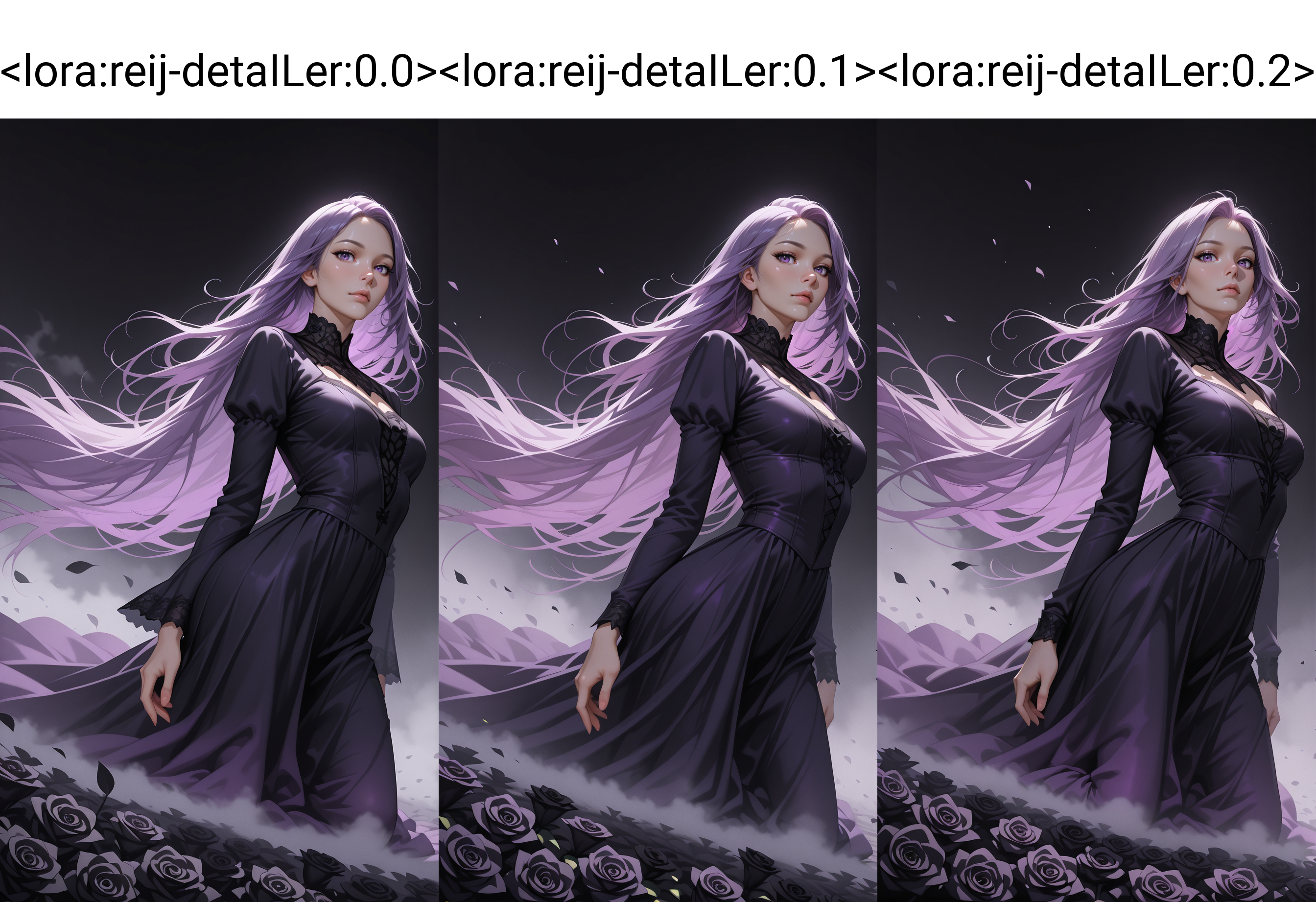 <lora:reij-detaILer:0.0>, sideview, portrait, fujifilm xt, realistic, dynamic angle, masterpiece, best quality, 8k, realistic, beautiful, surrounded by black roses leaves, high-resolution, realistic, portrait, a woman, extreme long hair, elemental, floating, dress is swirling in the wind, black background, black and purple neon grading, ranks, roses, shadows, dynamic, face focus, fog, eyelashes, looking at viewer, hip level shot, magical, kneeling, msysterious,