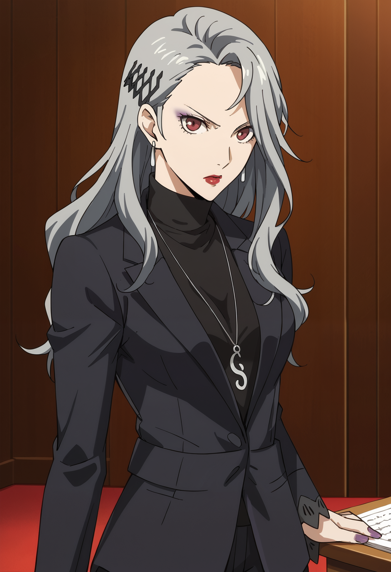 score_9, score_8_up, source_animem
1 girl, solo, cute face,
p5sae, sae niijima, long hair, grey hair, lipstick, makeup, jewelry, earrings, necklace, pendant, red lips, purple eyeshadow,
p5sae, p5sae-default, jewelry, earrings, pendant, pant suit, formal, turtleneck, suit, purple nails, nail polish,
courtroom, looking at viewer, grimace, angry,
masterpiece, best quality, ultra detailed,