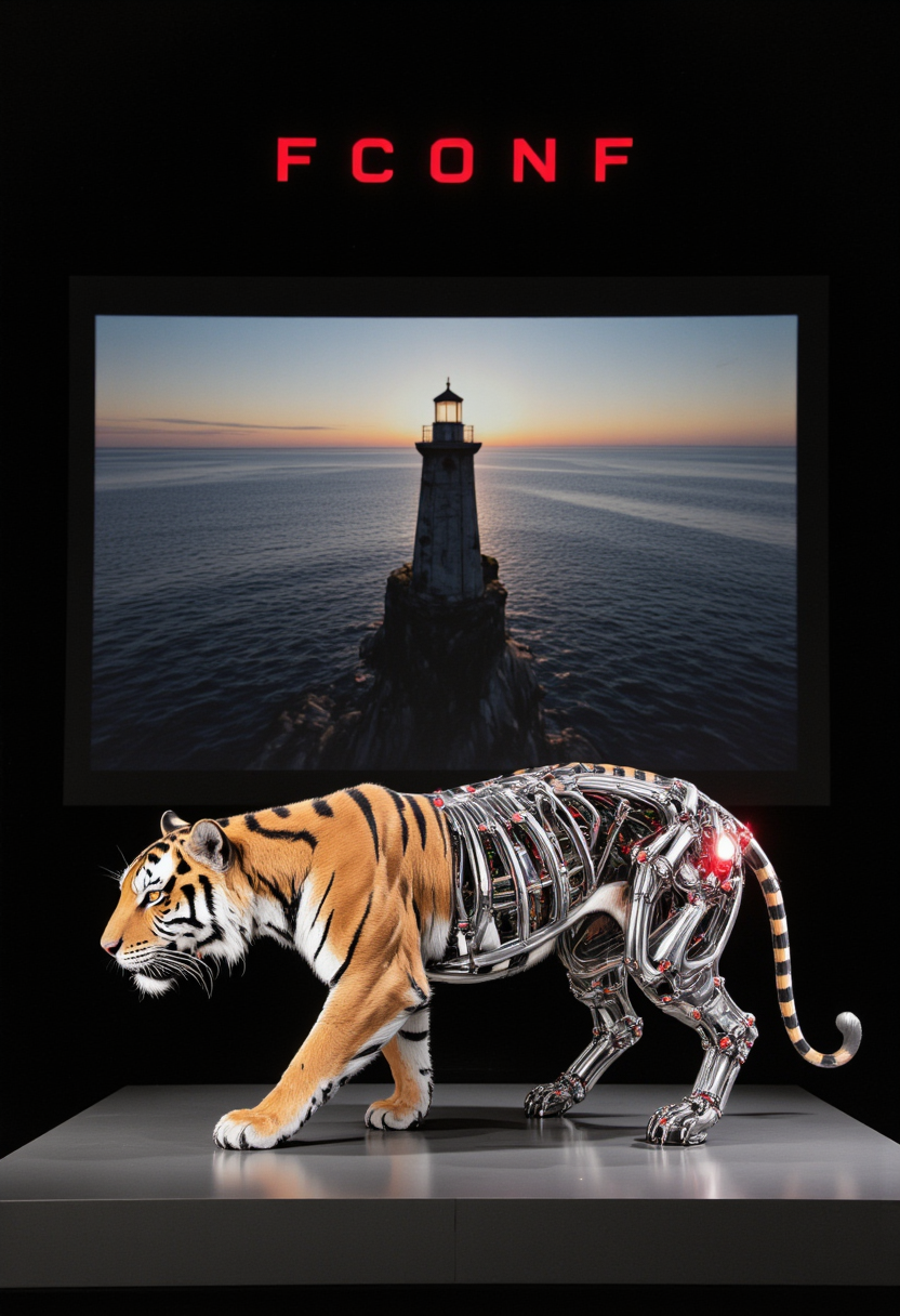 An image in style of ink wash painting, featuring a cybernetic tiger walking towards the left of the frame, captured from a side profile. The tiger has a ((natural organic front half)) with detailed fur texture, while its ((rear half is exposed mechanical)), revealing intricate (metal skeleton, wires, and tubes) without skin. The tiger's ((eyes glow red)) intensely, symbolizing its synthetic nature. It walks across a technology exhibition platform in the center of the composition, with (focus on the tiger's head and face). Behind the platform lies complete darkness except for a large projection screen showing a vast ocean with a solitary lighthouse standing against the dark horizon. The screen features a black background with the title ((FConf)) prominently displayed in the center. The stark contrast between the biomechanical tiger and the minimalist projected seascape creates a compelling visual narrative. <lora:Shuimozhuangshi_Ink_wash_painting_style_v2.7:1>