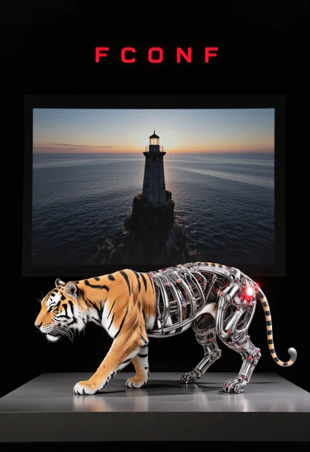 An image in style of ink wash painting, featuring a cybernetic tiger walking towards the left of the frame, captured from a side profile. The tiger has a ((natural organic front half)) with detailed fur texture, while its ((rear half is exposed mechanical)), revealing intricate (metal skeleton, wires, and tubes) without skin. The tiger's ((eyes glow red)) intensely, symbolizing its synthetic nature. It walks across a technology exhibition platform in the center of the composition, with (focus on the tiger's head and face). Behind the platform lies complete darkness except for a large projection screen showing a vast ocean with a solitary lighthouse standing against the dark horizon. The screen features a black background with the title ((FConf)) prominently displayed in the center. The stark contrast between the biomechanical tiger and the minimalist projected seascape creates a compelling visual narrative. <lora:Shuimozhuangshi_Ink_wash_painting_style_v2.7:1>