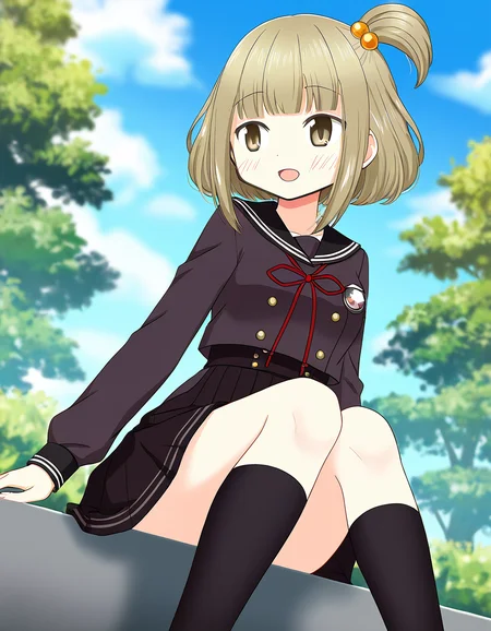 masterpiece, best quality, newest, absurdres, highres, safe, 1girl, hiroe chiharu \(school uniform\), magia record: mahou shoujo madoka magica gaiden, one side up, kneehighs, solo, sitting, open mouth, outdoors, dutch angle, <lora:hiroe_chiharu_noobaiXLNAIXL_vPred10Version:0.7>
