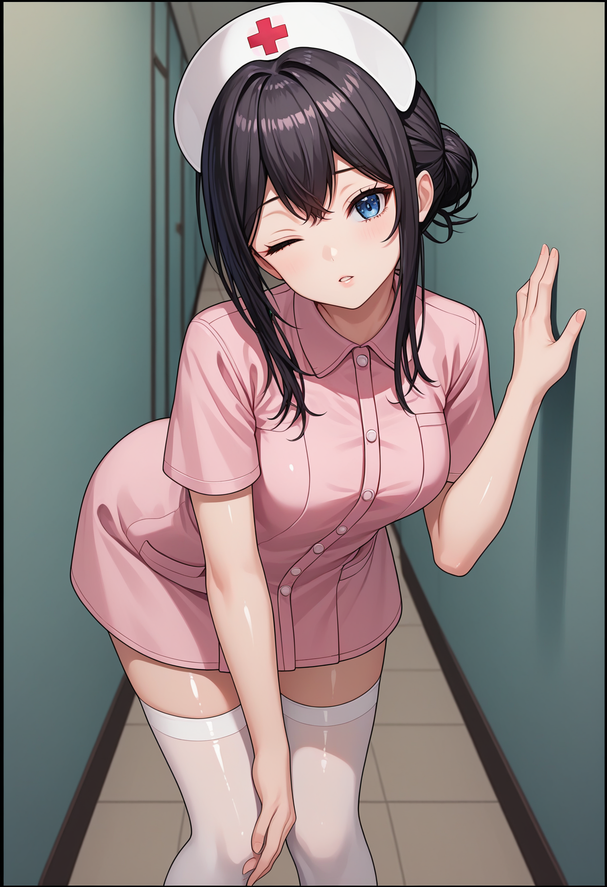score_9, score_8_up, score_7_up, source_anime, rating_explicit,
BREAK
1girl, solo, 
<lora:shiYumenaIshikawaV1:1>, shinishikawa, 
long hair, hair between eyes, blue eyes, hair bun, 
pink shirt, black hair, white headwear, 
nurse cap, nurse, short sleeves, pink dress,  white thighhighs, 
shiny skin, 
looking at viewer, parted lips, one eye closed, head tilt, leaning forward, bent over, hallway,