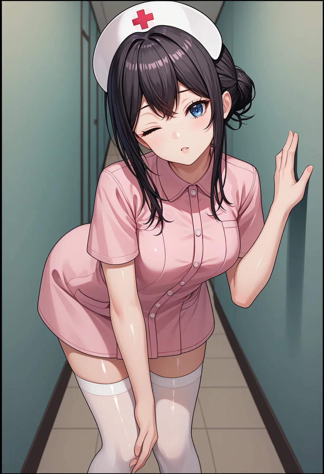 score_9, score_8_up, score_7_up, source_anime, rating_explicit,
BREAK
1girl, solo,
<lora:shiYumenaIshikawaV1:1>, shinishikawa,
long hair, hair between eyes, blue eyes, hair bun,
pink shirt, black hair, white headwear,
nurse cap, nurse, short sleeves, pink dress, white thighhighs,
shiny skin,
looking at viewer, parted lips, one eye closed, head tilt, leaning forward, bent over, hallway,