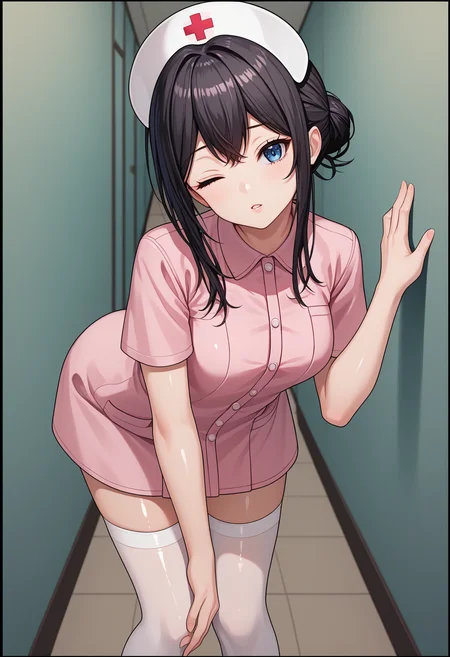 score_9, score_8_up, score_7_up, source_anime, rating_explicit,
BREAK
1girl, solo,
<lora:shiYumenaIshikawaV1:1>, shinishikawa,
long hair, hair between eyes, blue eyes, hair bun,
pink shirt, black hair, white headwear,
nurse cap, nurse, short sleeves, pink dress, white thighhighs,
shiny skin,
looking at viewer, parted lips, one eye closed, head tilt, leaning forward, bent over, hallway,