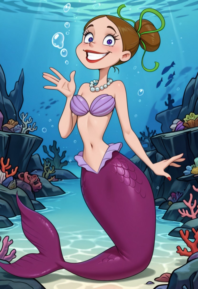 detailed background, solo, 1girl, FtpdMermaid, mermaid, red lipstick, brown hair in a bun, green hair tie, pearl necklace, purple shell bra, purple mermaid tail, smiling, (((expressive))), waving to viewer, head movement, tail shown, solo, ((body movement, hand movement)), underwater, sea life, coral, detailed sea scenery, bubbles, detailed scenery, masterpiece, best quality, amazing quality, absurdres, newest, high res, ultra detailed, best quality, best artwork, detailed eyes, (eyes focus), perfect eyes, big iris, pupils visible, 4k, ultra quality, perfect face