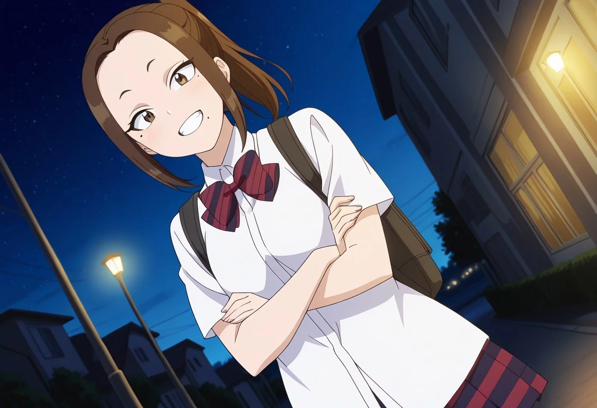 female focus, dutch angle, anime screencap, anime coloring, masterpiece, official art, official style, amazing quality, high resolution, absurdres, best quality, Excellent anatomy, detailed characters, characters without any generation errors, detailed background
Outside, night, neighborhood, on the streets, houses in the background, mega ultra detailed background, ultra detailed background, night sky, bright stars, beautiful stars, dark blue sky, lights on, lamppost
1girl, solo, smile, oneminenenecnn, 1girl,brown hair, long hair, brown eyes, mole under eye, mole under mouth,ponytail, school uniform, pleated skirt, white shirt,bowtie, short sleeves,striped skirt, backpack on the back, carrying the backpack on the back
Instagram photo, Instagram, photo for the internet, showing teeth, arms crossed, smiling at the viewer, smiling