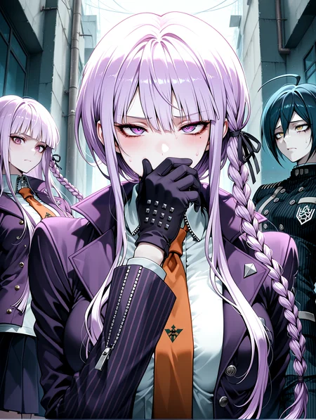 masterpiece, best quality, absurdres, amazing quality <lora:cfg_scale_boost:0.3> <lora:StS-Illustrious-Detail-Slider-v1.0:3> <lora:StS_Age_Slider_Illustrious_v1:3>,detailed_background,outdoors,hand over own mouth,looking at viewer,buttons,hair between eyes,orange necktie,jacket,short hair,purple jacket,narrowed eyes,1girl,long sleeves,black jacket,double-breasted,side braid,vertical-striped sleeves,eyelashes,danganronpa: trigger happy havoc,black gloves,covering own mouth,collared shirt,open clothes,single braid,long hair,collared jacket,saihara shuichi,braid,striped jacket,black hair,school uniform,upper body,bags under eyes,gloves,purple eyes,ribbon,hair ribbon,1boy,danganronpa v3: killing harmony,striped clothes,necktie,danganronpa \(series\),ahoge,shirt,open jacket,yellow eyes,black ribbon,highres,hellshake yuli,kirigiri kyoko
