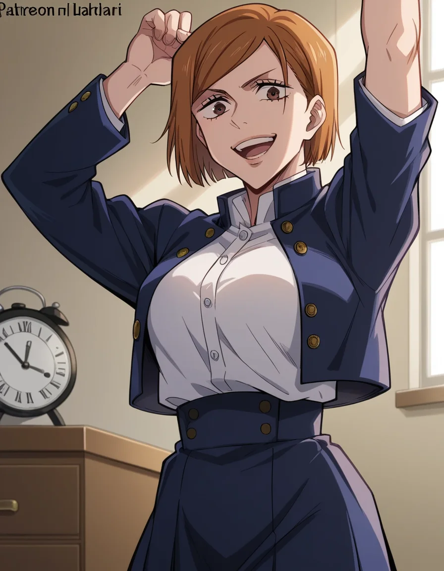 score_9, score_8_up, score_7_up, source_anime, <lora:nobara-kugisaki-s1s2-ponyxl-lora-nochekaiser:1>, nobara kugisaki, kugisaki nobara, bob cut, brown eyes, brown hair, lips, short hair, large breasts,, skirt, school uniform, jacket, cropped jacket, jitome, high-waist skirt, gakuran,, bedroom, alarm clock, morning routine, yawning, stretching, smile, looking at viewer, solo,, cowboy shot, dutch angle