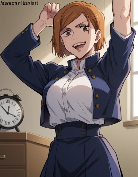 score_9, score_8_up, score_7_up, source_anime, <lora:nobara-kugisaki-s1s2-ponyxl-lora-nochekaiser:1>, nobara kugisaki, kugisaki nobara, bob cut, brown eyes, brown hair, lips, short hair, large breasts,, skirt, school uniform, jacket, cropped jacket, jitome, high-waist skirt, gakuran,, bedroom, alarm clock, morning routine, yawning, stretching, smile, looking at viewer, solo,, cowboy shot, dutch angle