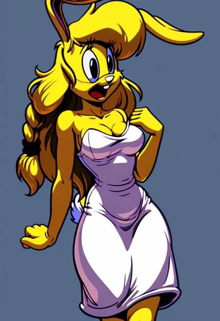 score_9, score_8_up, score_7_up, score_6_up, score_5_up, score_4_up, retro artstyle, BREAK 
LoriJackRabbitPXL, rabbit girl,long yellow hair,yellow skin,1girl, solo,yellow hair, dress, breasts, white dress, braid, cleavage, long hair, female, medium breasts, open mouth,yellow skin, black eyes, parody, single braid
<lora:lorijackrabbit-v1:0.9>