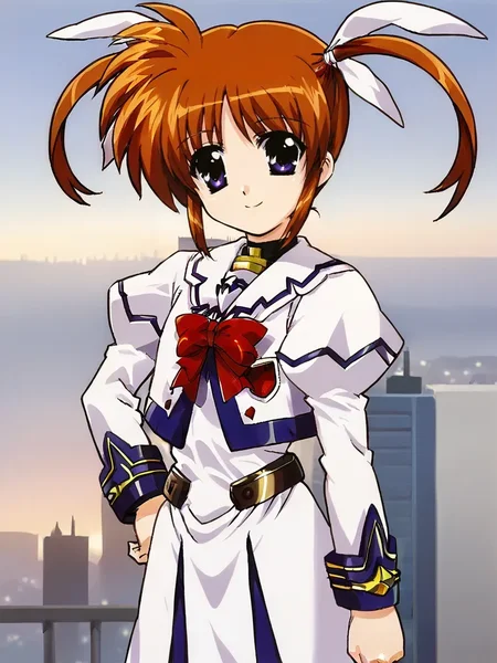 <lora:Nanoha_Takamachipony:1>
1girl, solo, takanano, magical girl, brown hair, twintails, purple eyes, standing, city, smile