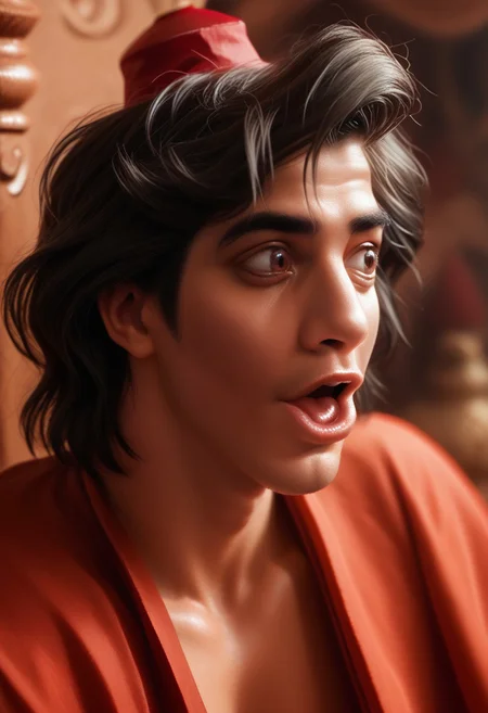 score_9, score_8_up,score_7_up, realistic, 1boy, male focus, solo, pog, open mouth, portrait, aladdin, red fez hat, Expressiveh,
looking to the side