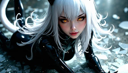 An extreme photorealistic upper body shot of a voluptuous body with hourglass body frame cat girl with mesmerizing golden eyes and slit pupils like cat eyes. She has long, flowing two-tone hair, white and black, with striking, unrealistic beauty. Her pink lips curve slightly to reveal sharp fangs, and her long fingernails are a key feature of her sleek cat suit.Include tiny imperfections like pores, faint freckles, and slight skin texture variations to add realism.Realistic lip texture with soft lines, slight gloss, and natural color variation.Individually rendered eyebrow hairs with natural variation in direction, length, and thickness.Variation in hair strand thickness, with some thinner and finer than others.Detailed texture on the cat suit, showing the weave or material pattern, such as leather, spandex, or velvet.Shadows that move with the character, responding to her position and the light source accurately.A background of shattered glass with light refracting through the cracks, creating intricate patterns.
She sits with her legs outstretched in front of her, reaching forward with both hands, as if trying to grab something just out of reach.