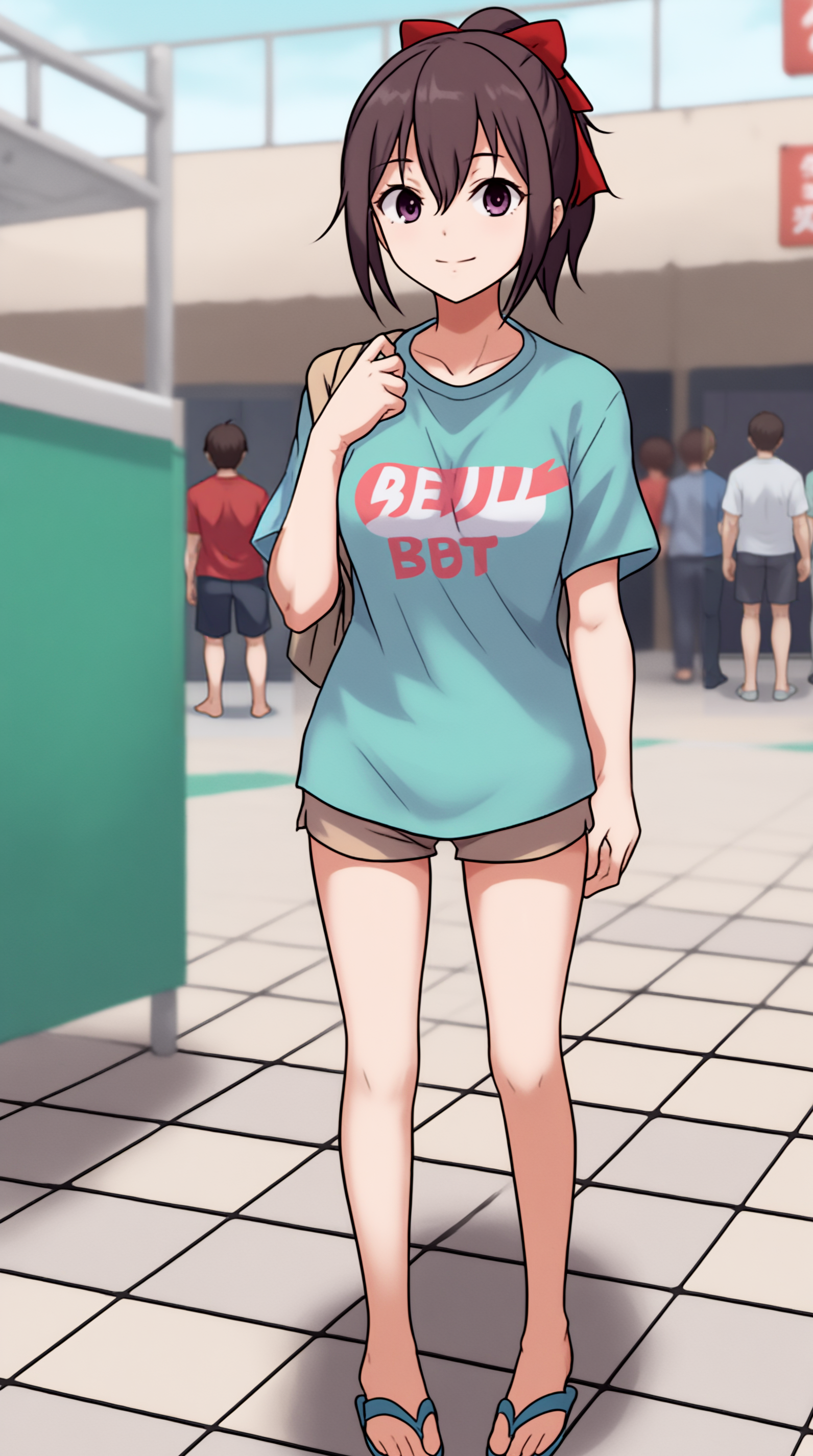score_9, score_8_up, score_7_up,anime_source, source_anime, best background, detailed background, anime screencap  Natsumi Nakamura, solo, smile, shirt, bow, closed mouth, standing, full body, short sleeves, shorts, bag, blurry, red bow, short shorts, sandals, blue shirt, t-shirt, clothes writing, tiles, tile floor, print shirt, brown shorts, flip-flops  <lora:JN_Natsumi_Nakamura_Pony:0.8>