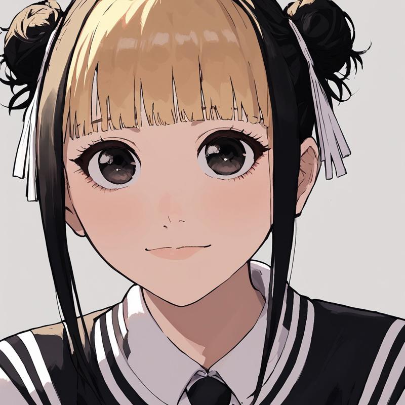 Hinao, female, woman, girl, odango hair, black and blonde hair, black hair with blonde fringe, black hair with blonde front fringe, blonde fringe, blond fringe, happy, cute, adorable, closed mouth, odango hairstyle, hairbuns, bun, buns, strands, bangs, fringe, hairbangs, hair bangs, dyed hair, two-tone hair, two tone hair, colored hair, multi-colored hair, multicolored hair, light skin, perfect, perfection, solo, 1girl, flawless, detailed faced, detailed eyes, detailed, good art, best quality, highest, quality, good anatomy, perfect anatomy, masterpiece, beautiful, insanely detailed, anime, well-drawn, BREAK, score_9, score_8_up, score_7_up, score_6_up