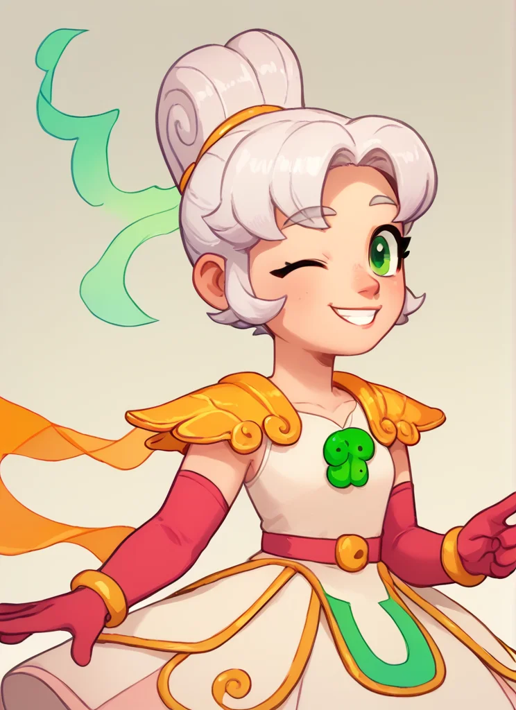 score_9, score_8_up, score_7_up, <lora:lunpiper:1>lunpiper , 1 girl , solo , white hair, doble high ponytail, double bun, green eyes, yellow Shoulder pads ,white dress, dress, red belt , red elbow gloves, yellow bracelet, looking at viewer, <lora:PossumMachine:1>posmach , smile , one eye closed,