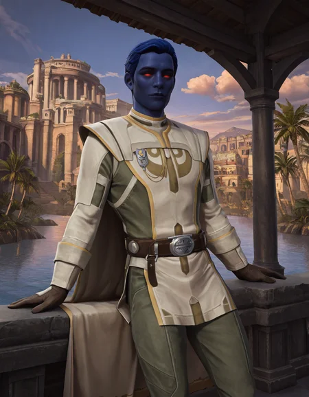 cinematic_depth, 8k, soft_lighting, warm_glow, ultra_high_quality, masterpiece, best quality, newest, perfect quality, best quality, detailed background, intricate details, male focus, realistic, <lora:SWTOR - Aristocra Saganu - Illustrious-000004:0.7>, swtor_saganu, 1boy, chiss, blue hair, very short hair, blue skin, red sclera, no pupils, glowing eyes, tunic, long cape, contrapposto, looking at viewer, outdoors, palm trees, water, cliffs, buildings, gloves, belt, pants, evening, cloudy sky, banners, plants, canopy (shelter), balcony, waterfalls, sitting