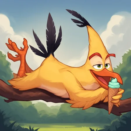 angry birds, chuck_bird, score_9, score_8_up, score_7_up, score_6_up, score_5_up, score_4_up, source_furry, hi res, sfw, solo. 2D artwork, full body
chuck_bird, yellow plumage, ((triangular body)), triangular head, black head tuft, black tail, tail feathers, ((long beak)), white belly, thin build, feathered hands, winged arms, red eyebrows, green eyes, thin eyebrows avian feet.
eating ice cream, on a branch, on the branch of a tree, in a tree, lying in a tree, happy expression, lying, on belly, looking at viewer, holding ice cream
On a park, blue sky, clouds.
