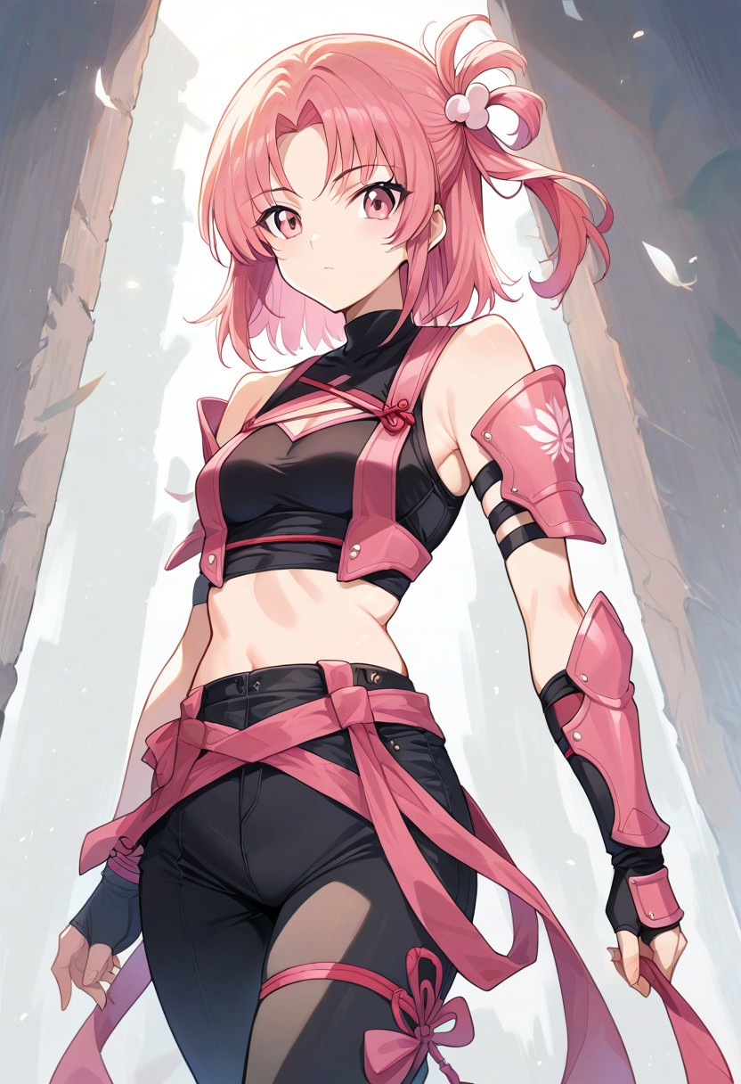 score_9, score_8_up, score_7_up, c3l3st3, pink hair, pink eyes, black top, shoulder cutout, ninja, holding kunai, kurokote (armour), muneate (armour),  black pants, source_anime, ntm,