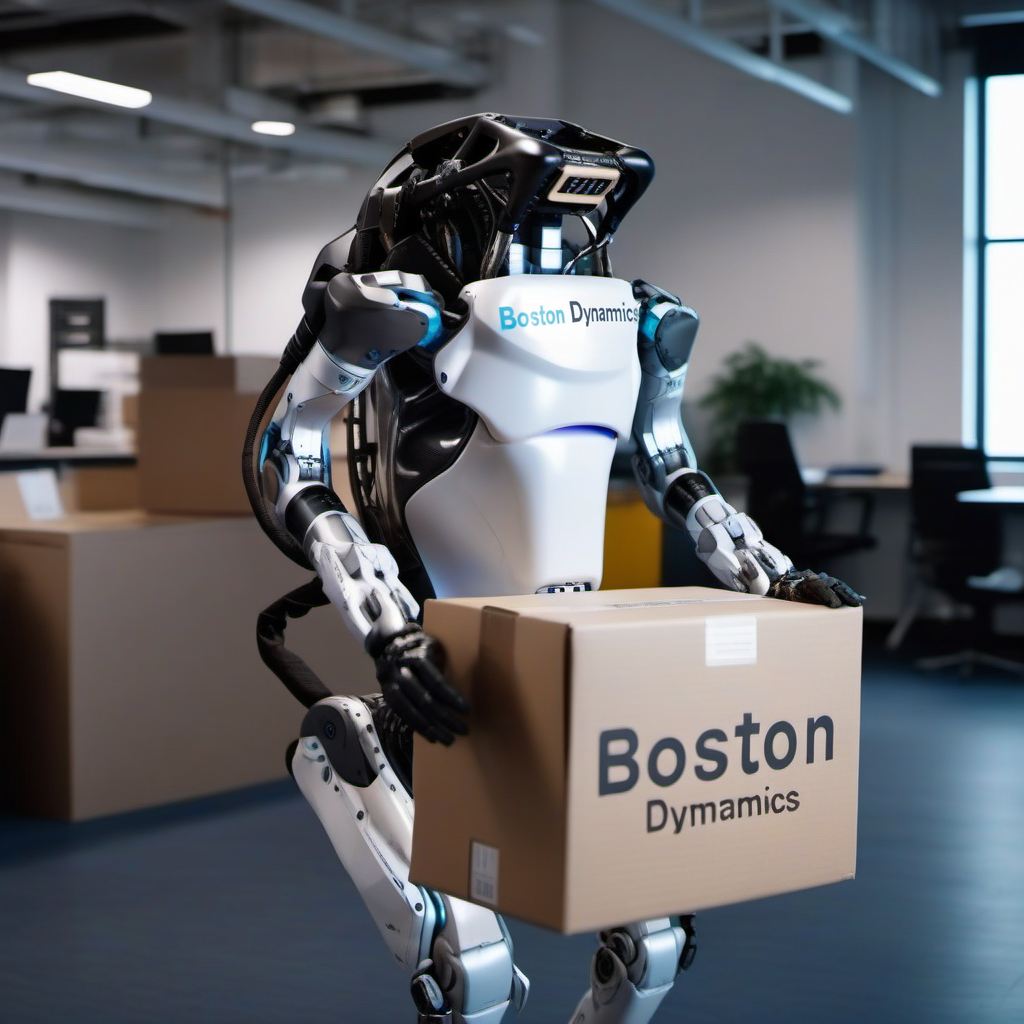 a robot fired from his job is holding a cardboardbox with his personnal belongings inside in an office, (((text ''Boston Dynamics''))) <lora:Atlas1024-000160:0.8>