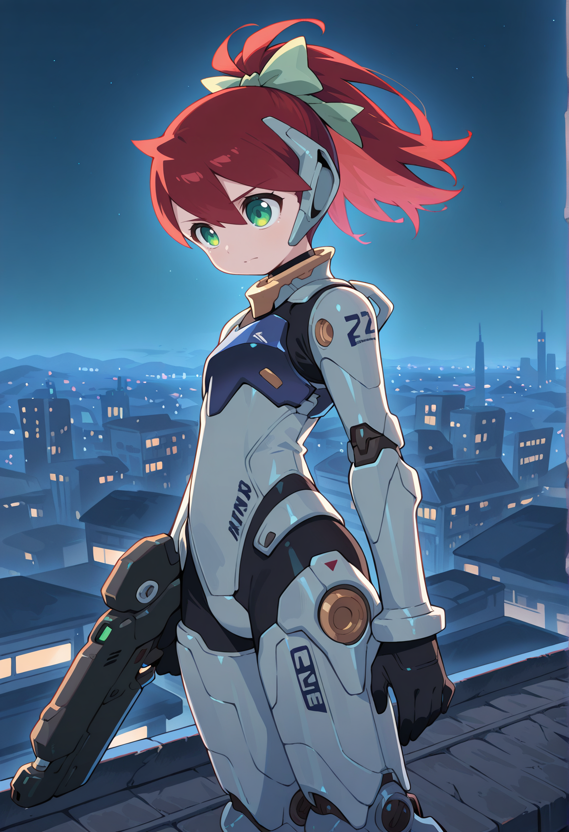 upper body 1girl, red hair, green eyes, ponytail, armored bodysuit, armor, mecha musume, mechanical arms, mechanical legs, holding gun,  hair bow, science fiction, outdoors, city, on rooftop, night <lora:Sayaka_saru_illus:0.8>  <lora:tooru_illus:1>, masterpiece, best quality, amazing quality, very aesthetic, absurdres, highres, newest