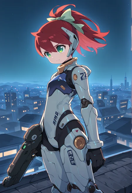 upper body 1girl, red hair, green eyes, ponytail, armored bodysuit, armor, mecha musume, mechanical arms, mechanical legs, holding gun,  hair bow, science fiction, outdoors, city, on rooftop, night <lora:Sayaka_saru_illus:0.8>  <lora:tooru_illus:1>, masterpiece, best quality, amazing quality, very aesthetic, absurdres, highres, newest