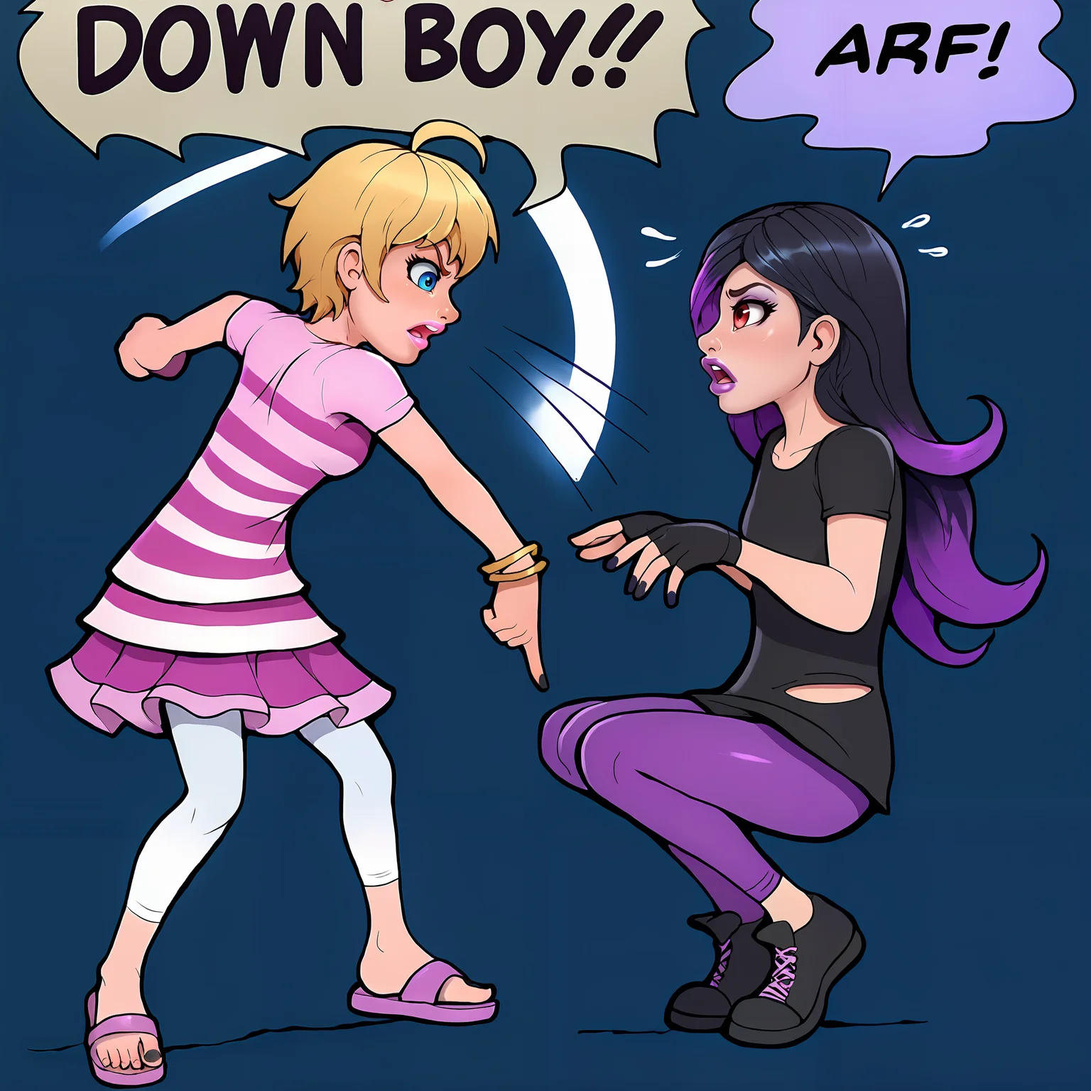 score_9, score_8_up, score_7_up, absurdres, <lora:MarkyDaySaid-art-PDXL_Ownwaifu_v1:1.0>, PONYXL_STYLE_MarkyDaySaid_ownwaifu,
from side, surprised expression, looking up,
imtdjulekac, purple hair, black hair, two tone hair, multicolored hair, hair over one eye, red eyes, makeup, lipstick, gradient hair, <lora:Juleka-Couffaine-ML-PDXL_ShutUpImTired_v1:0.8>,
<lora:Down-Boy-PDXL_Vadigr123_v1:1>