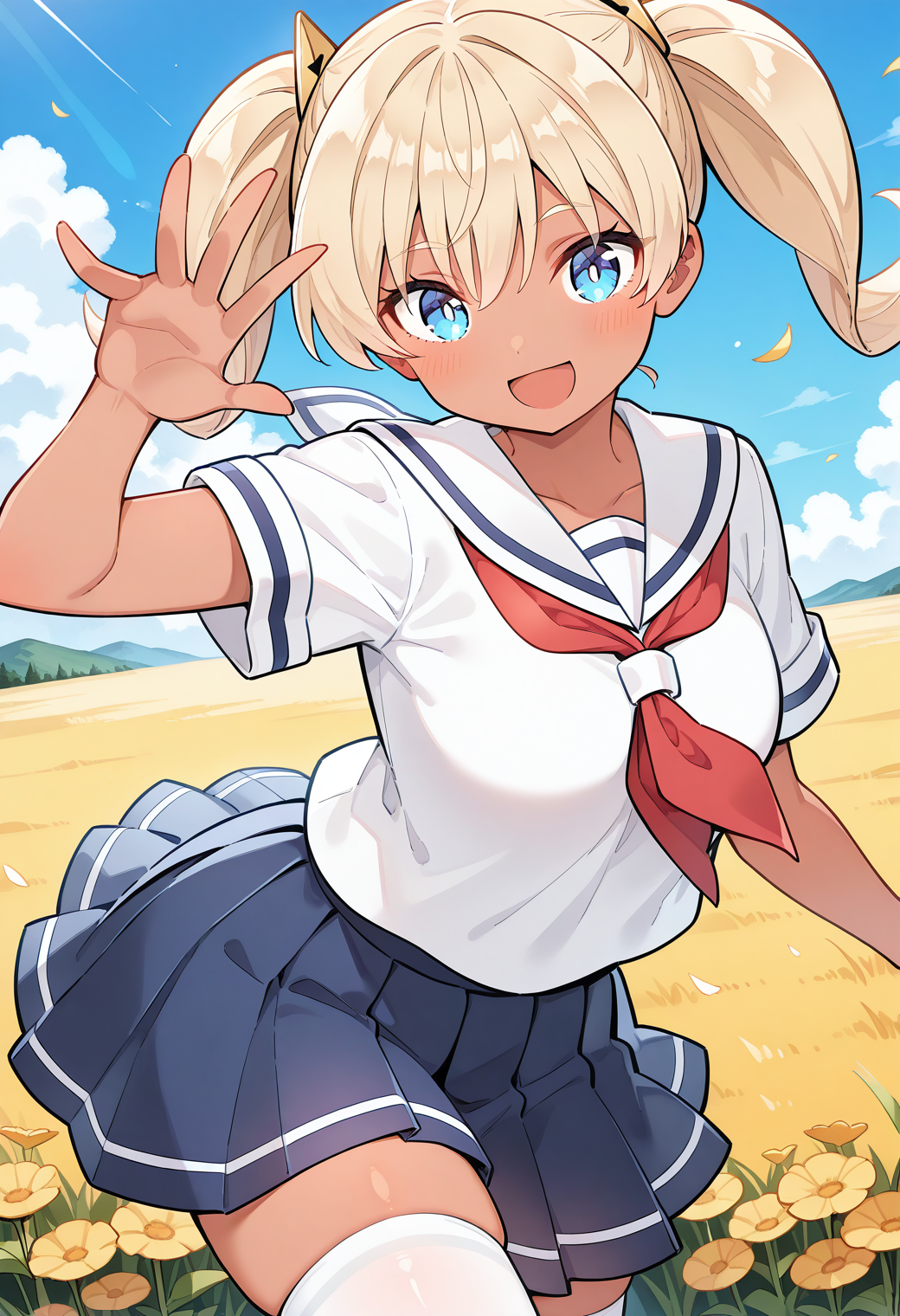 1girl, solo, (field:1.2), (blue sky:1.2), looking at viewer, smile, 
saotome_kanon, blue eyes, blonde hair, twintails, dark-skinned female, dark skin, school uniform, serafuku, red neckerchief, white sailor collar, short sleeves, pleated skirt, blue skirt, white thighhighs, <lora:saotome_kanon_illustrious_ver1:0.8>, masterpiece, best quality, general,, (cowboy shot, dynamic pose:1.4),