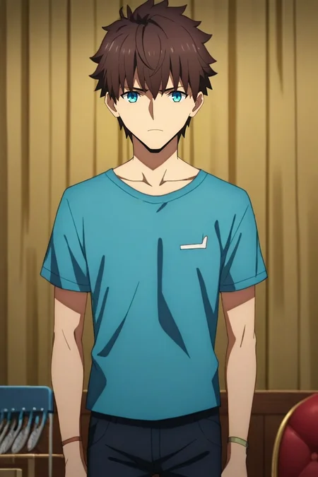 zPDXL, score_9, score_8_up, score_7_up, source_anime, anime screencap, rating_safe, , looking at viewer, , 1boy, male focus, ice blue eyes, chocolate hair, comb over,, solo, focused, concert, indoors, light, arms at sides, :o, <lora:fate_go_style_pony:0.98>, fate_go_style, , <lora:sdxl_lightning_8step_lora:1>