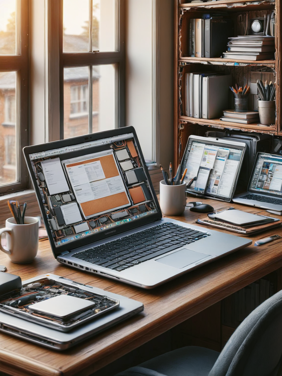 ais-xsection laptop, sitting on a cluttered desk in a cozy home office <lora:Cross_Section_Style_SDXL:1>