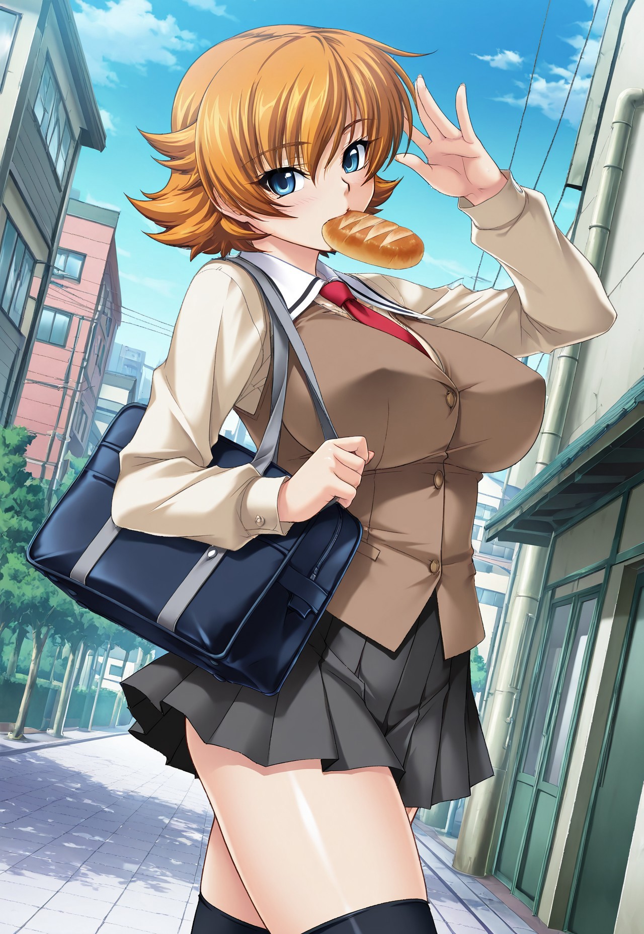 official art, source_anime, masterpiece, high quality, best quality, shaded, taimanin (series), taimanin asagi, kagami hirotaka, detailed eyes, portrait, masterpiece, best quality, intricate details, absurdres, game cg, anime screencap, anime coloring, five fingers, sfw, three quarter view, dutch angle, dynamic angle, cowboy shot, from side,
break,
looking at viewer, walking, standing, bread in mouth, waving, arm up, holding school bag, outdoor, day, neighborhood, city, alleyway, blue sky, houses, trees, from side,
break,
1girl, solo, alone, igawa sakura, orange hair, short hair, bangs, flipped hair, blue eyes, tsurime eyes, large breasts, curvy, thighs, school uniform, beige shirt, dark brown vest, vest, long sleeves, zettai ryouiki, pleated skirt, miniskirt, black thighhighs,