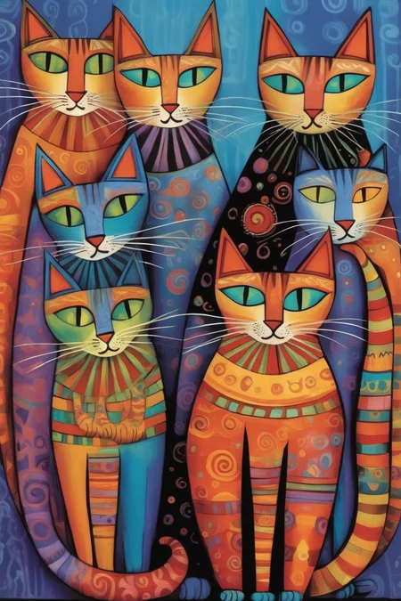 <lora:Laurel Burch Style:1>Laurel Burch Style - Laurel Burch Fanciful Felines Bunched Cats