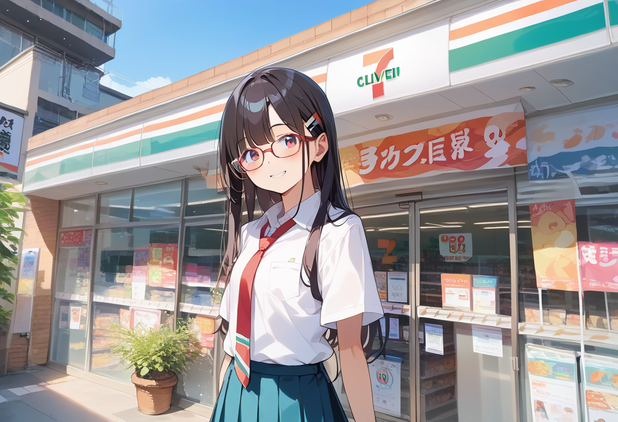 score_9, score_8_up, score_7_up, rating_safe, masterpiece, best quality, absurdres, unity 8k wallpaper, official art, official style, source_anime, uncensored, game cg, megami magazine,
1girl, solo, glasses, black hair, long hair,  collared shirt, red necktie, pleated skirt, blue skirt, looking at viewer, blush, upper body, short sleeves, smile, happy, 
seveneleven, konbini, scenery, storefront, japan, shop, scenery, outdoors, convenience store, sky, plant, sign, building, storefront, day, real world location, blue sky
 <lora:7eleven_storefront_PONY_V1:1>